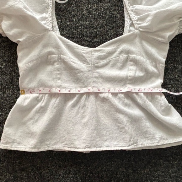 NWT Sim & Sam M Linen Blend Empire Waist Smocked Puff Sleeve Crop Blouse White - Picture 8 of 11